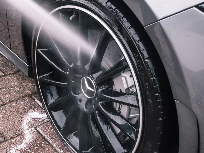 Clean chrome wheel rim and tire after detailing